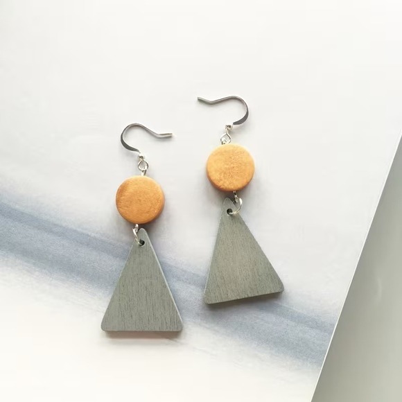Jewelry - Handmade Geometric Wood Drop Earrings Grey Triangle Tan Circle Dangle Minimalist